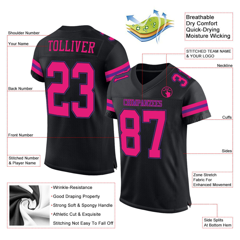 Custom Football Jersey - Black Hot Pink-Purple Mesh