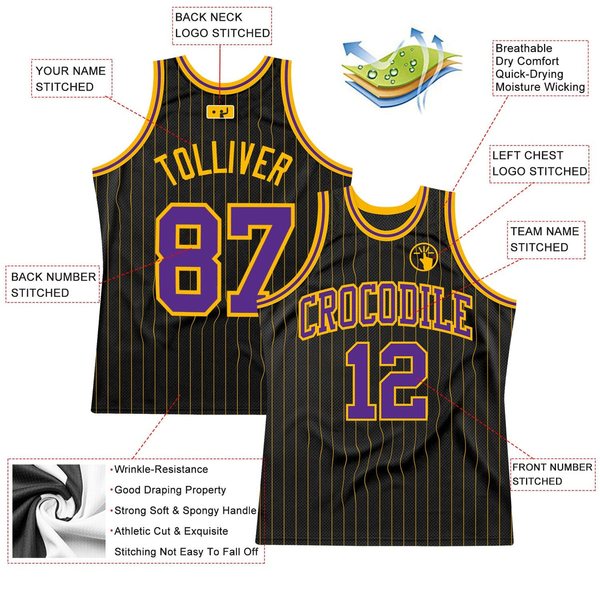 Custom Basketball Jersey - Black Gold Pinstripe Purple-Gold