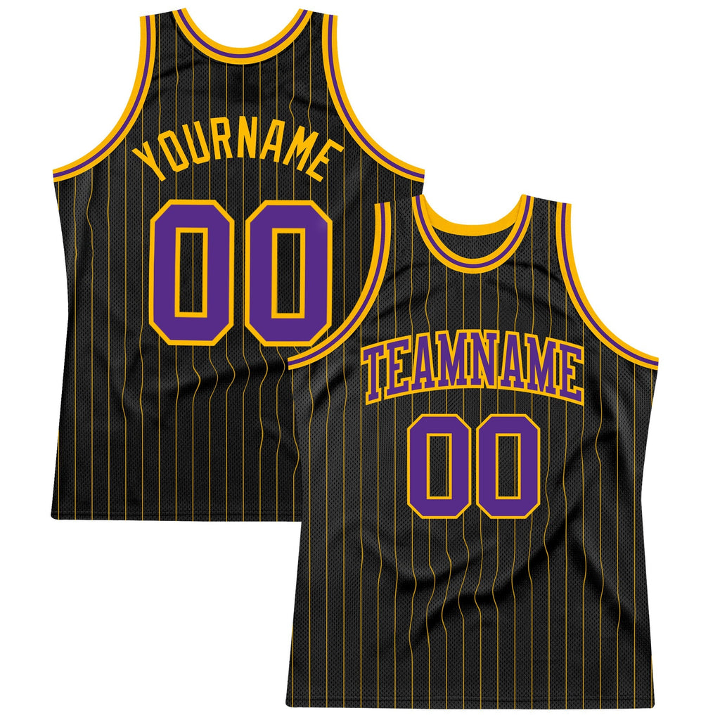 Custom Basketball Jersey - Black Gold Pinstripe Purple-Gold