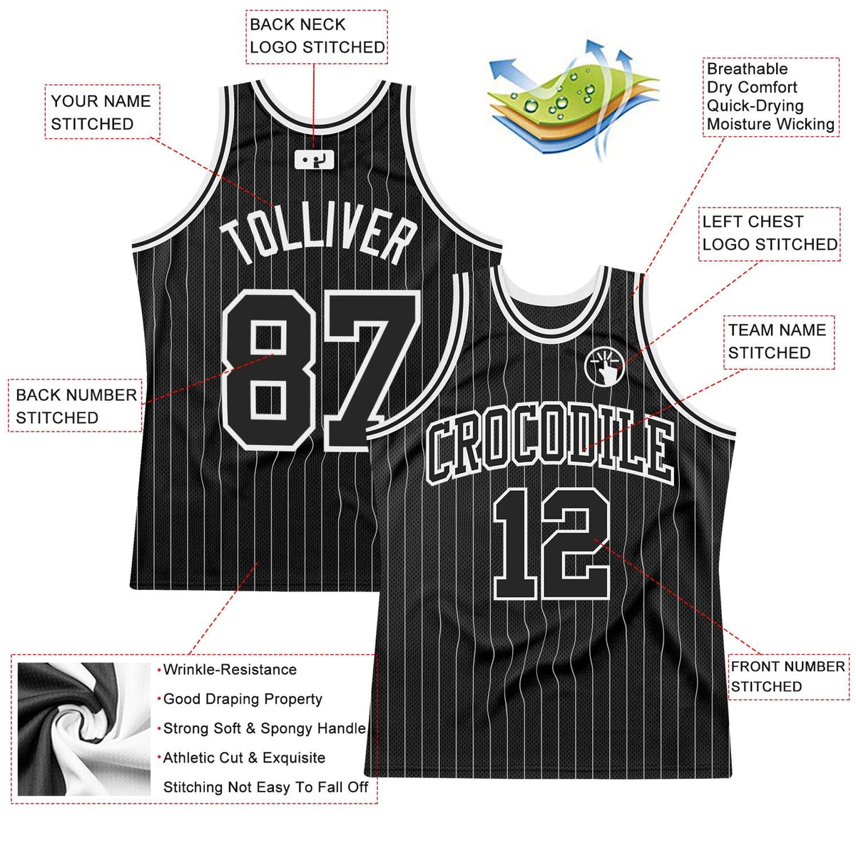 Custom Basketball Jersey - Black White Pinstripe Black-White - Style Black1338