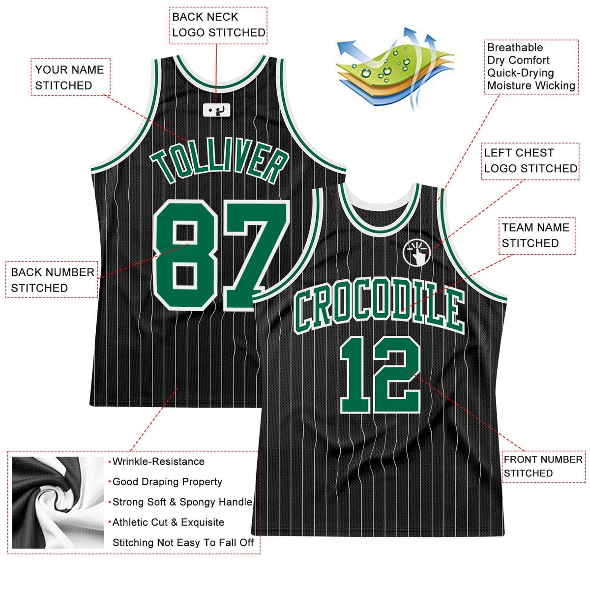 Custom Basketball Jersey - Black White Pinstripe Kelly Green-White