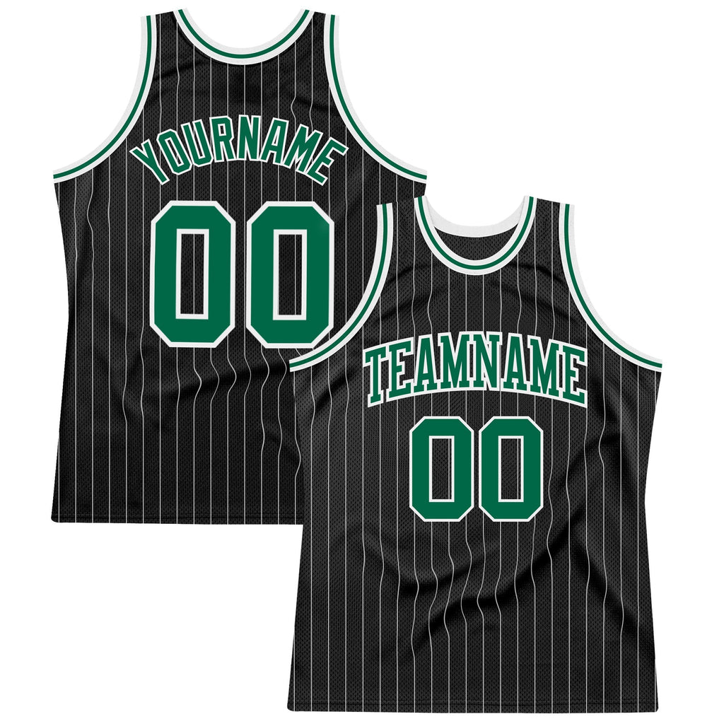 Custom Basketball Jersey - Black White Pinstripe Kelly Green-White