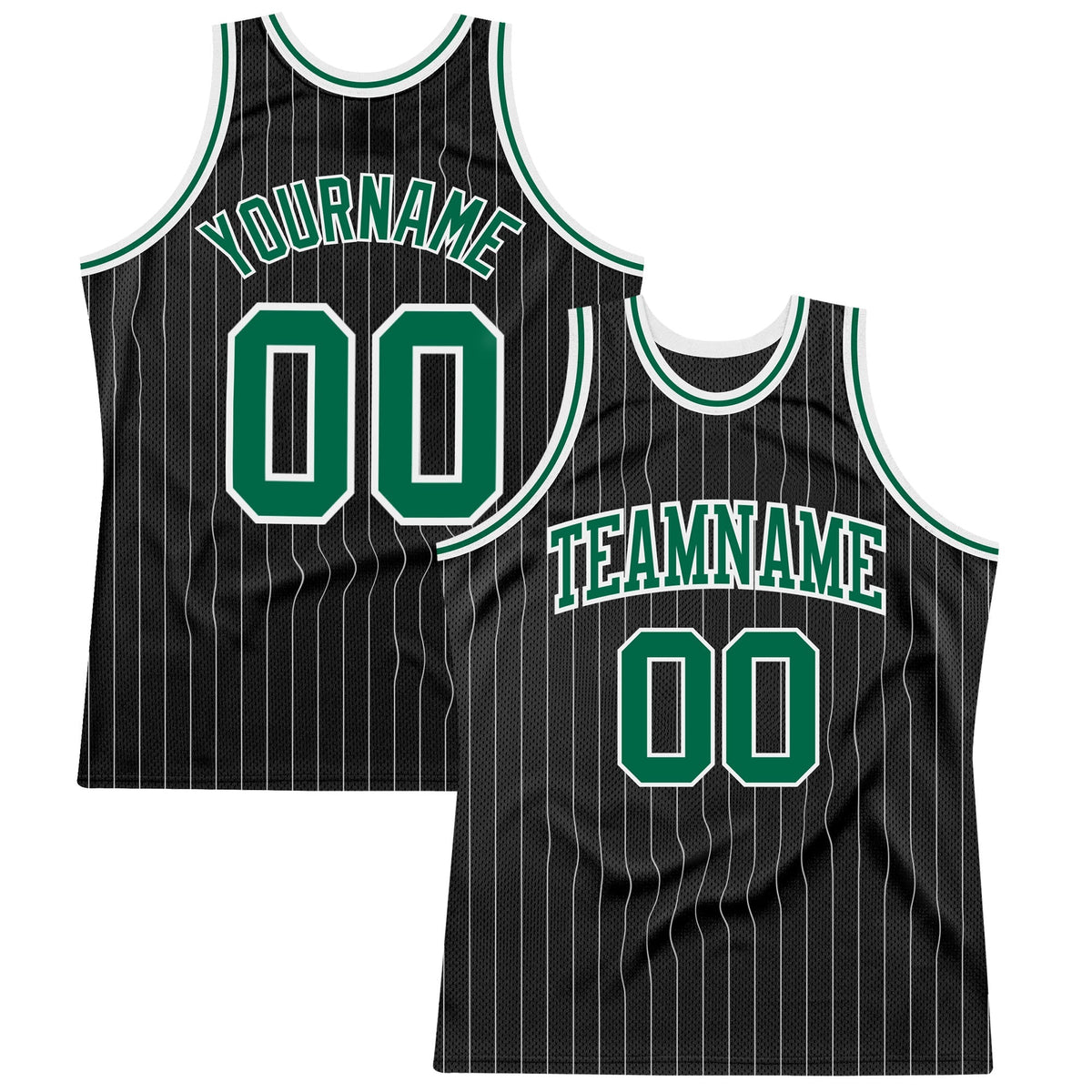Custom Basketball Jersey - Black White Pinstripe Kelly Green-White