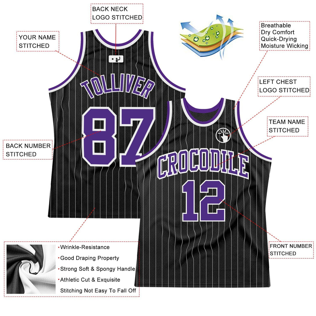 Custom Basketball Jersey - Black White Pinstripe Purple-White - Style Black1341