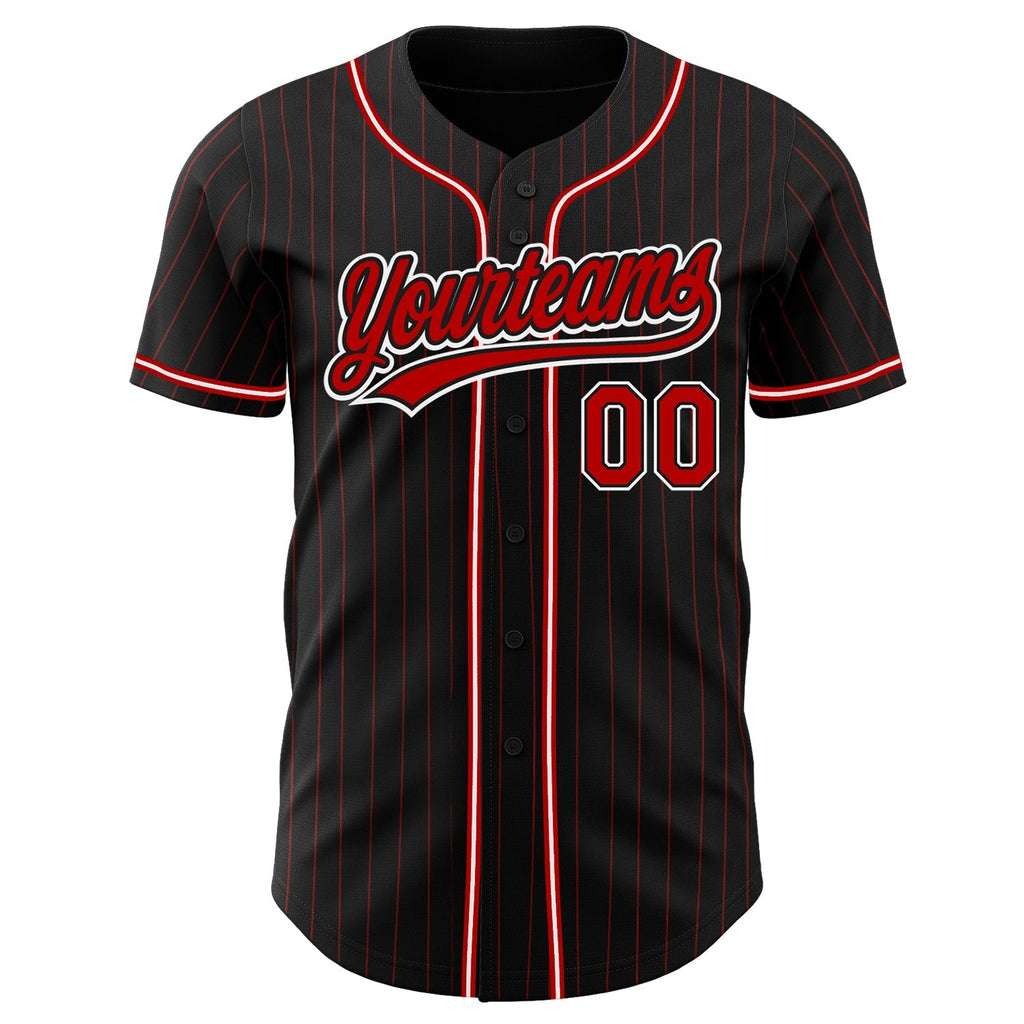 Custom Baseball Jersey - Black Red Pinstripe Red-White - Style Black1357