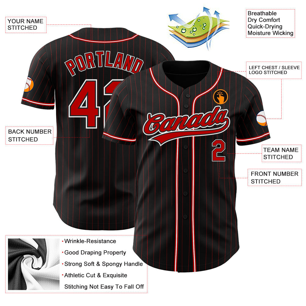 Custom Baseball Jersey - Black Red Pinstripe Red-White - Style Black1357