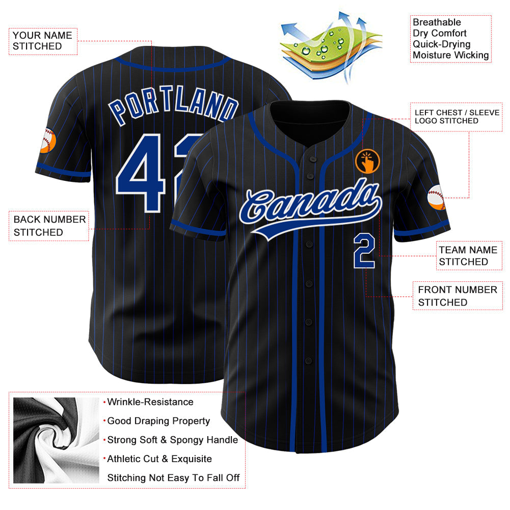 Custom Baseball Jersey - Black Royal Pinstripe Royal-White