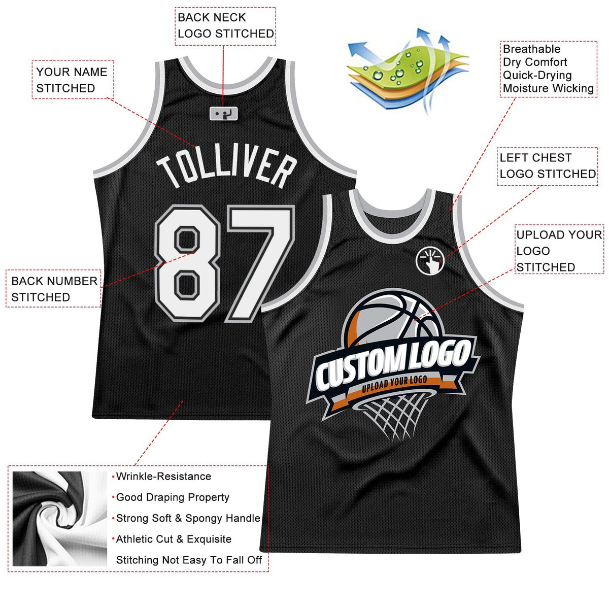 Custom Basketball Jersey - Black White-Gray Throwback
