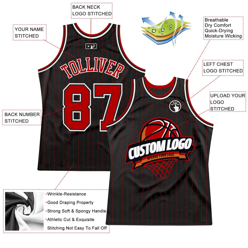 Custom Basketball Jersey - Black Red Pinstripe White