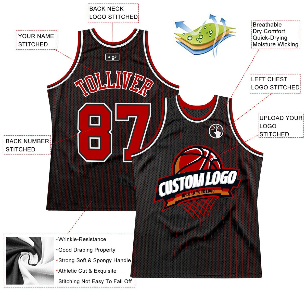 Custom Basketball Jersey - Black Red Pinstripe White