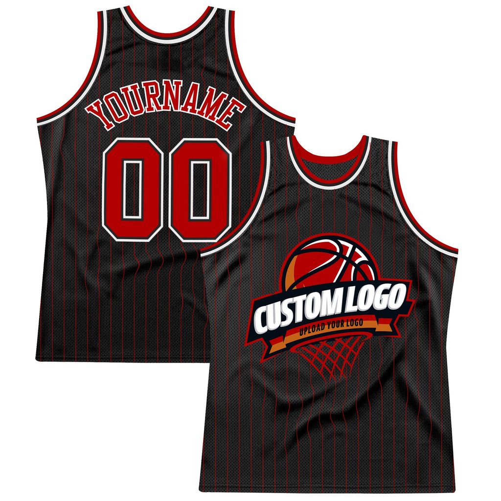 Custom Basketball Jersey - Black Red Pinstripe White