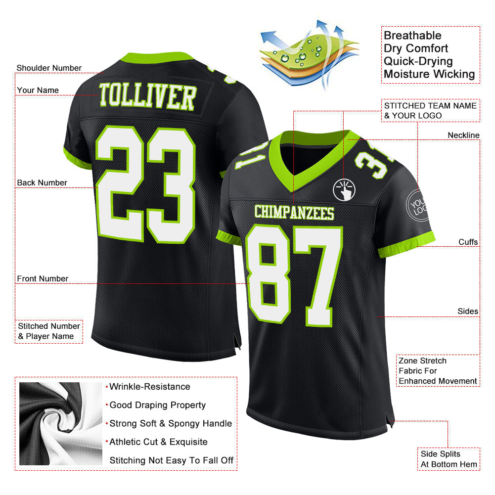 Custom Football Jersey - Black White-Neon Green Mesh