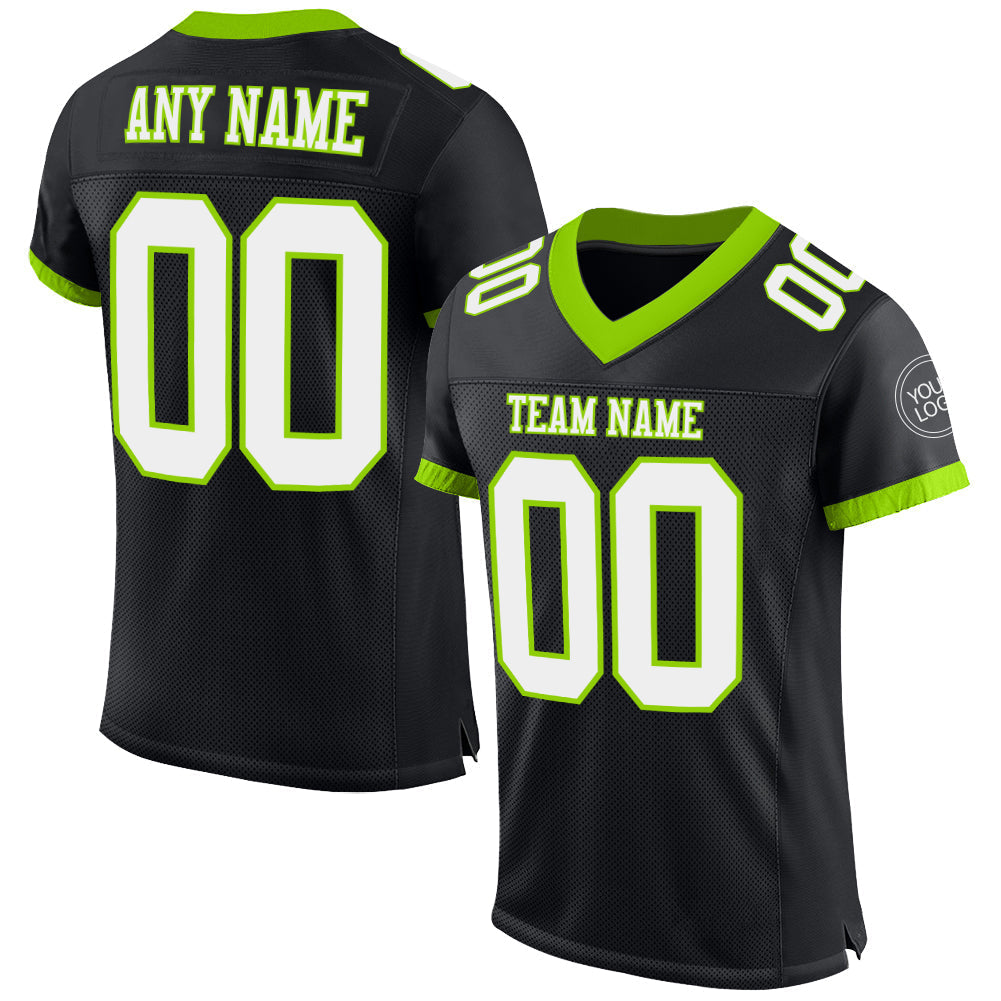 Custom Football Jersey - Black White-Neon Green Mesh