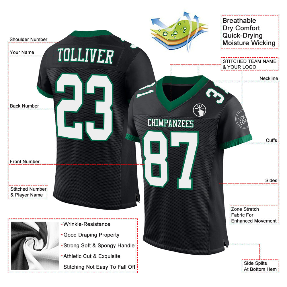 Custom Football Jersey - Black White-Kelly Green Mesh