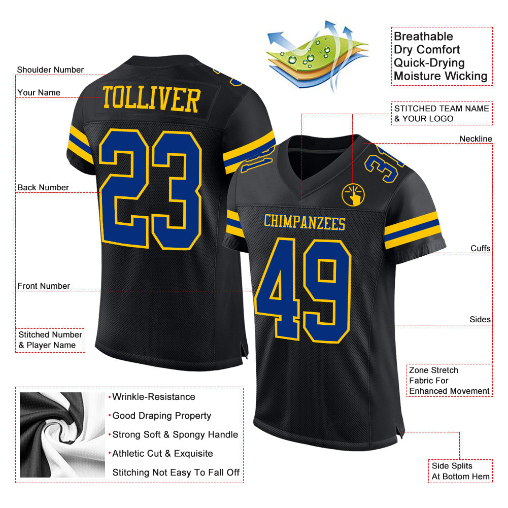 Custom Football Jersey - Black Royal-Yellow Mesh