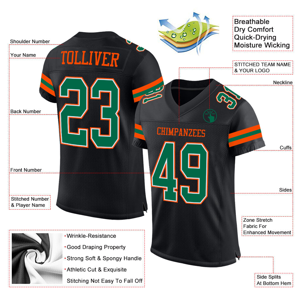 Custom Football Jersey - Black Kelly Green-Orange Mesh