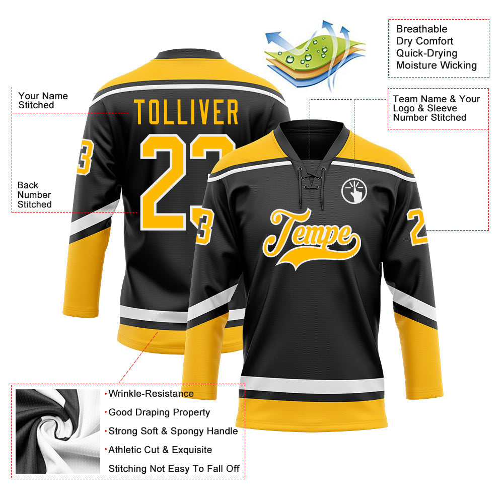 Custom Hockey Jersey - Black Gold-White Lace Neck