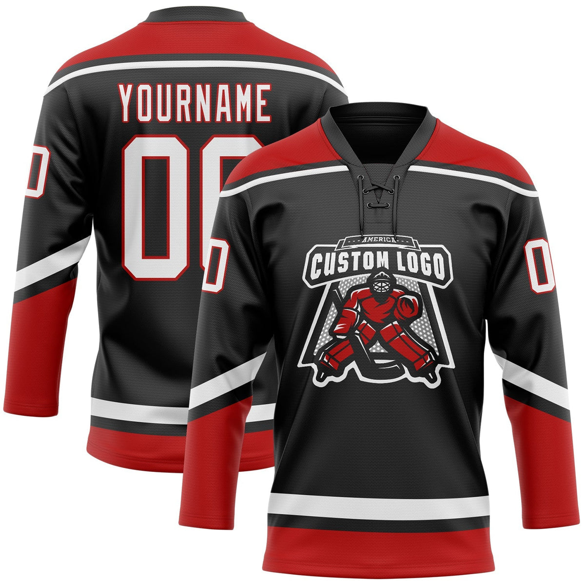 Custom Hockey Jersey - Black White-Red Lace Neck - Style Black1618