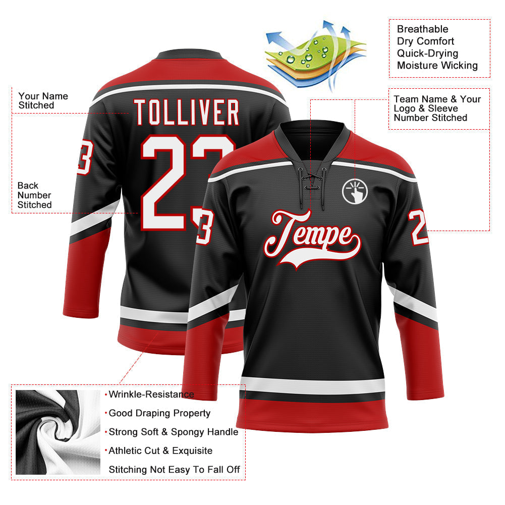 Custom Hockey Jersey - Black White-Red Lace Neck - Style Black1618