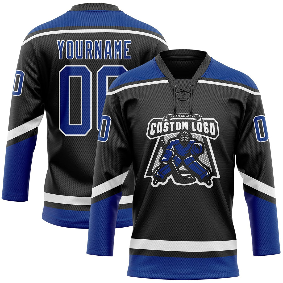 Custom Hockey Jersey - Black Royal-White Lace Neck