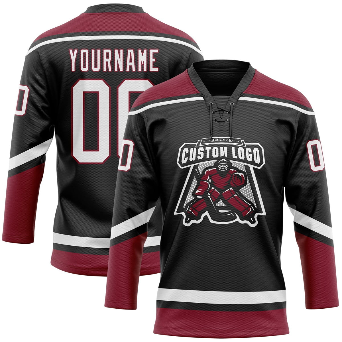 Custom Hockey Jersey - Black White-Crimson Lace Neck