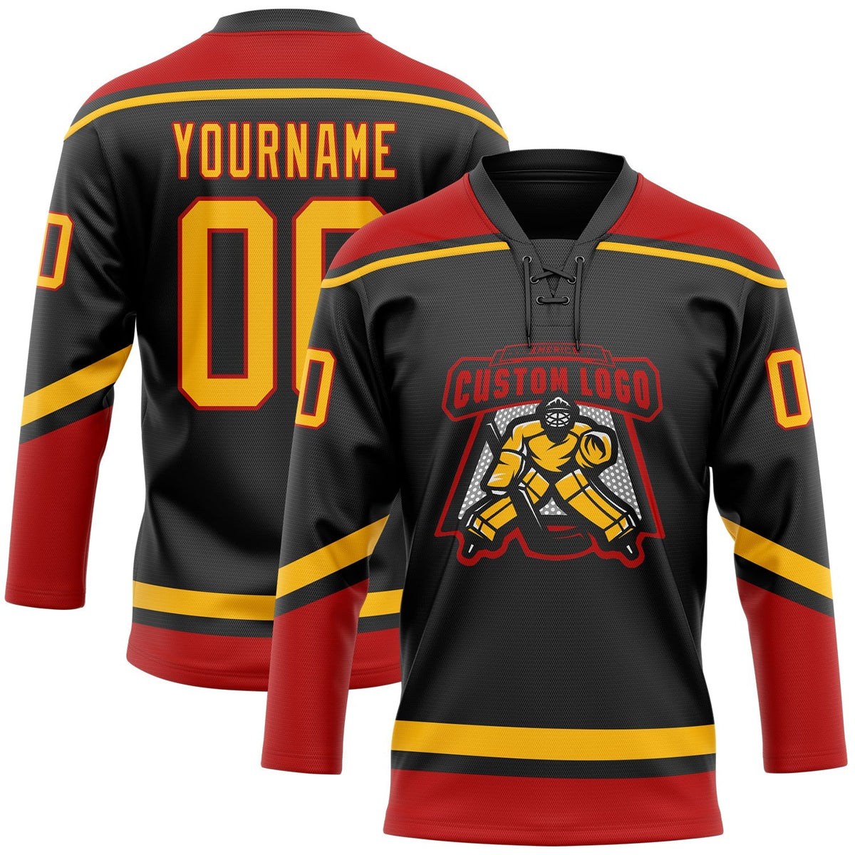 Custom Hockey Jersey - Black Gold-Red Lace Neck