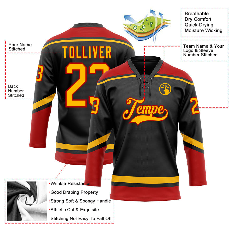 Custom Hockey Jersey - Black Gold-Red Lace Neck