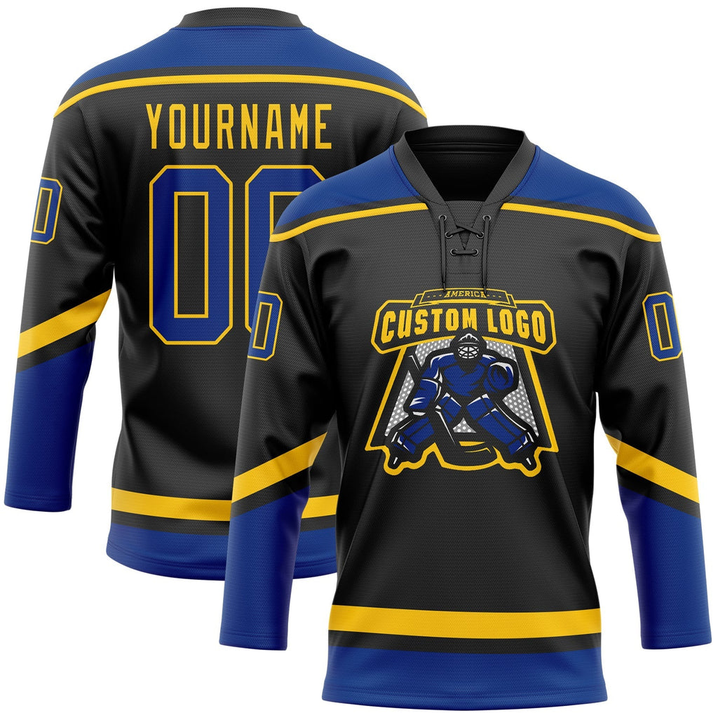 Custom Hockey Jersey - Black Royal-Yellow Lace Neck