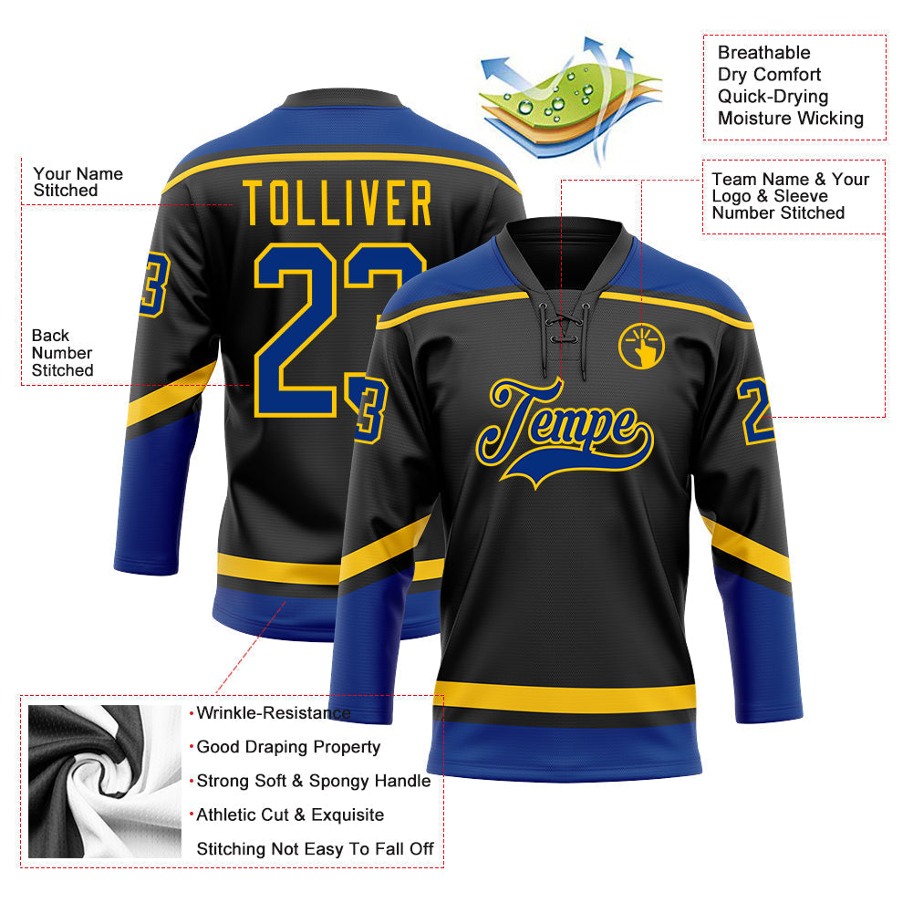 Custom Hockey Jersey - Black Royal-Yellow Lace Neck
