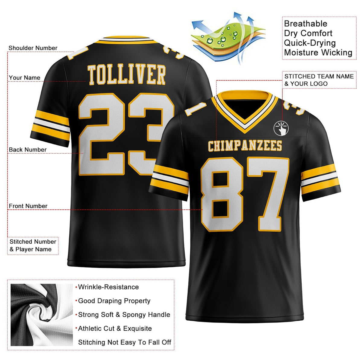 Custom Football Jersey - Black White-Gold