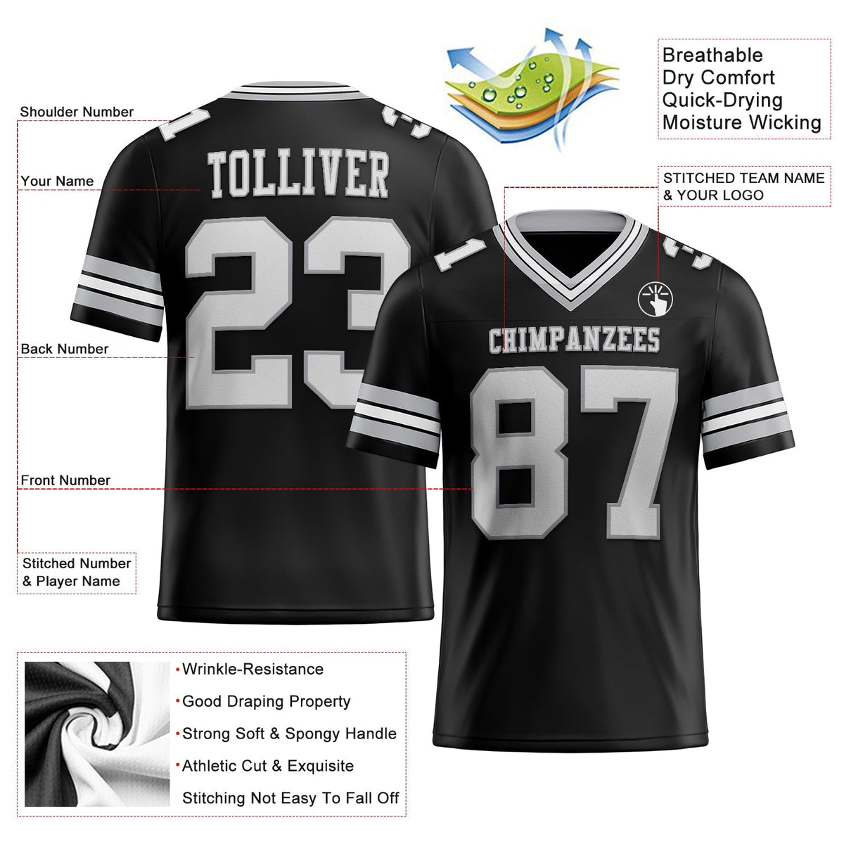 Custom Football Jersey - Black White-Gray