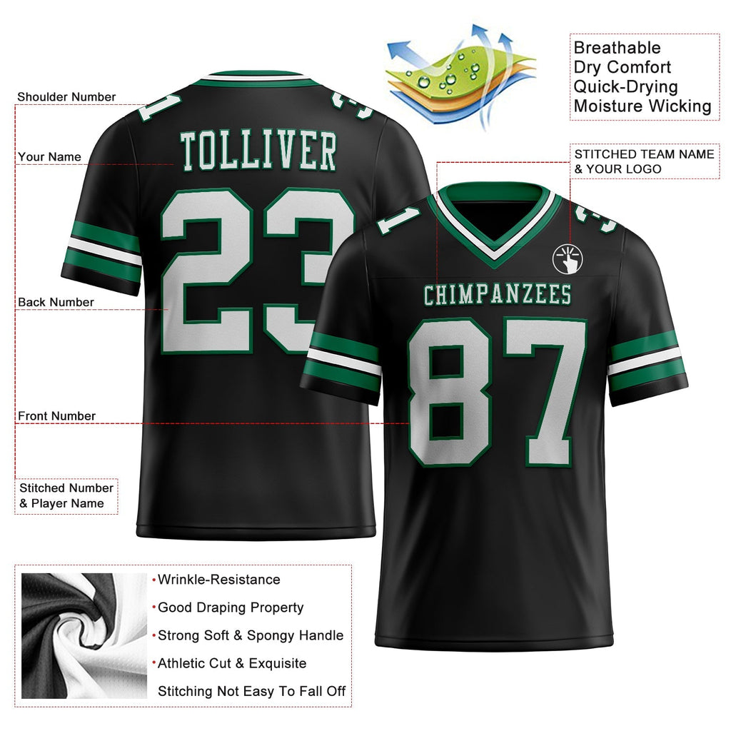 Custom Football Jersey - Black White-Kelly Green