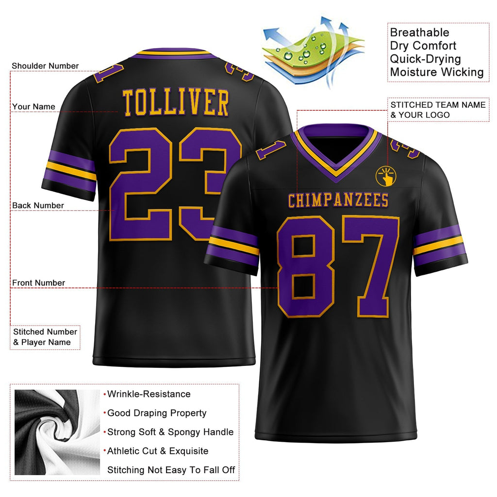Custom Football Jersey - Black Purple-Gold