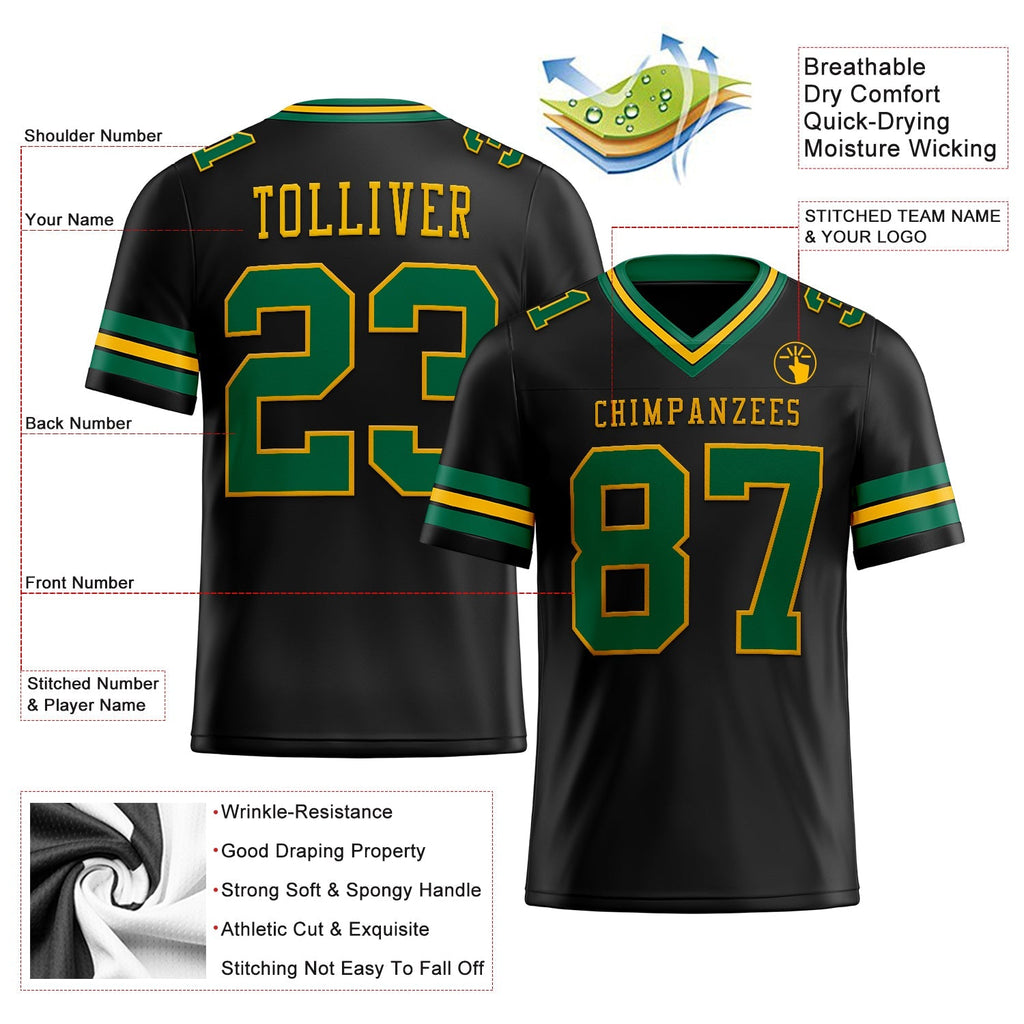 Custom Football Jersey - Black Kelly Green-Gold
