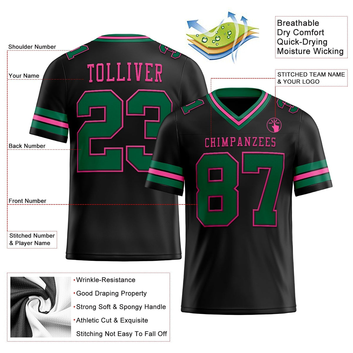 Custom Football Jersey - Black Kelly Green-Pink