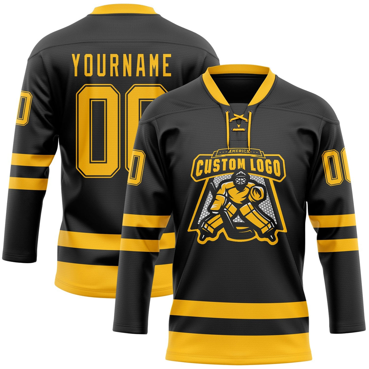 Custom Hockey Jersey - Black Gold Lace Neck