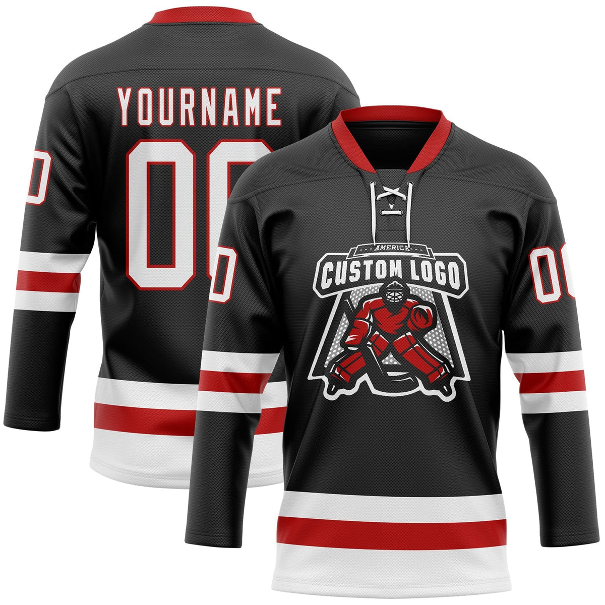 Custom Hockey Jersey - Black White-Red Lace Neck - Style Black2297