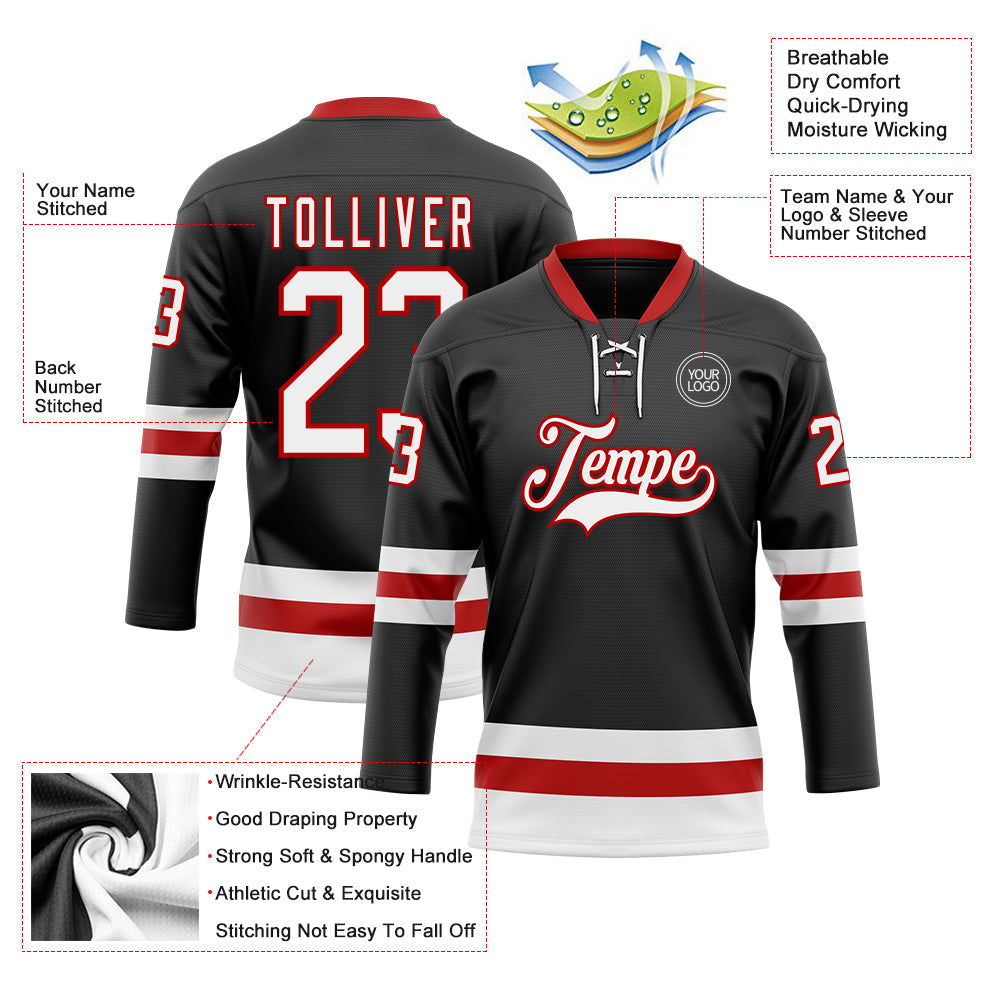 Custom Hockey Jersey - Black White-Red Lace Neck - Style Black2297