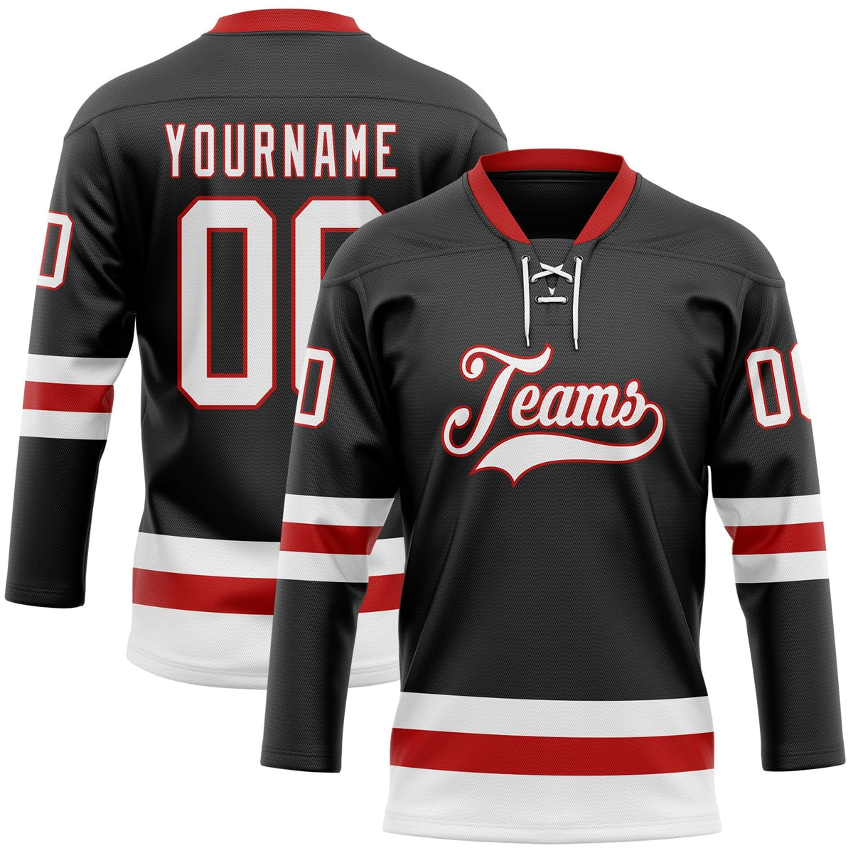 Custom Hockey Jersey - Black White-Red Lace Neck - Style Black2297