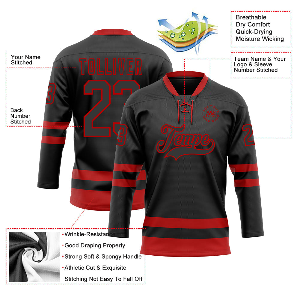 Custom Hockey Jersey - Black Red Lace Neck