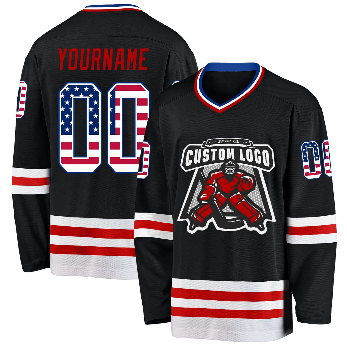 Custom Hockey Jersey - Black USA Flag Royal-Red