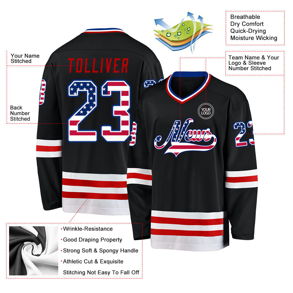 Custom Hockey Jersey - Black USA Flag Royal-Red