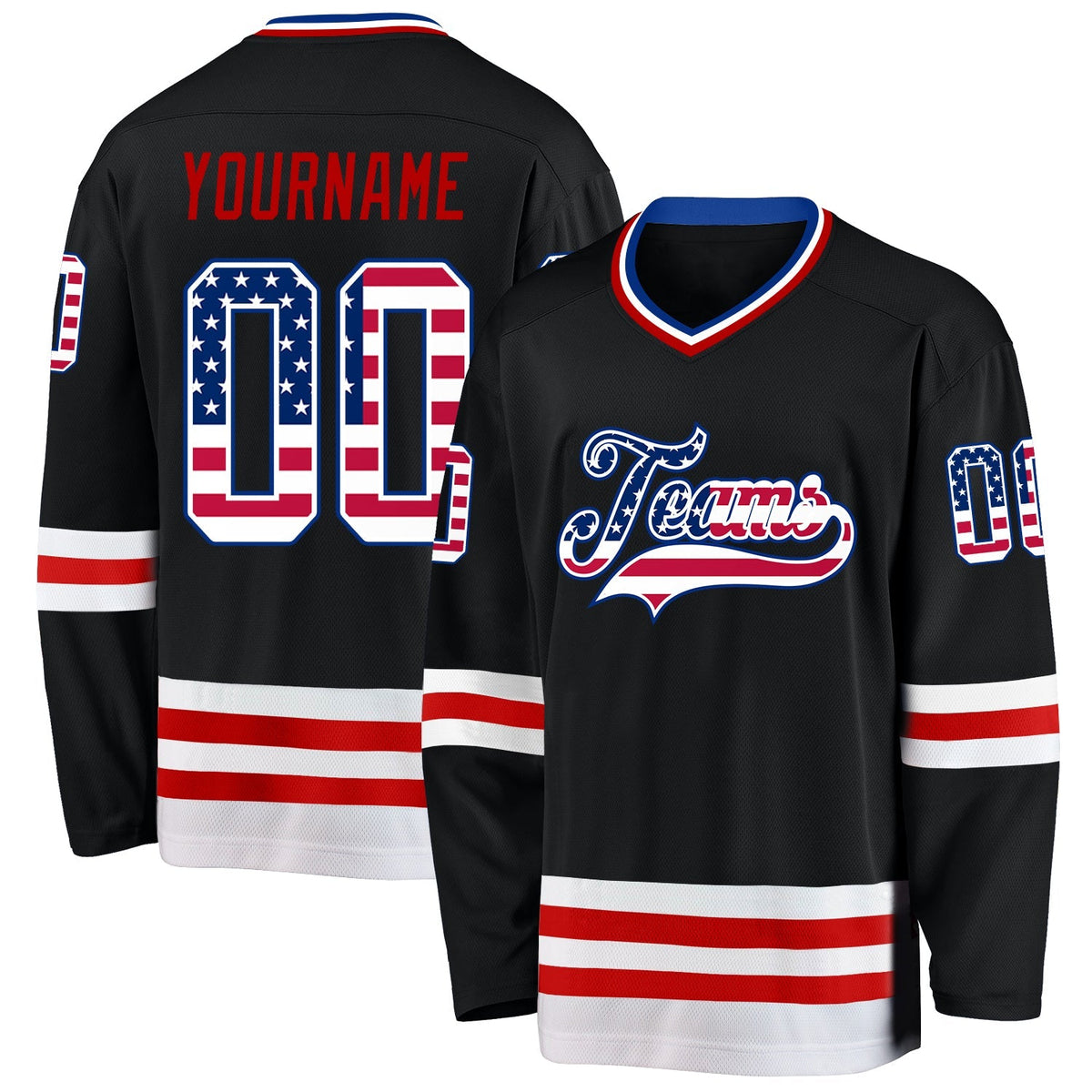 Custom Hockey Jersey - Black USA Flag Royal-Red