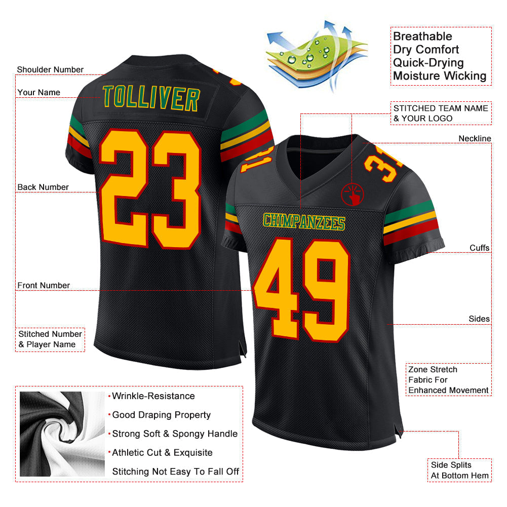 Custom Football Jersey - Black Gold Red-Kelly Green Mesh