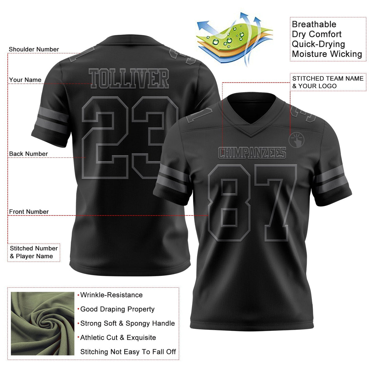 Custom Football Jersey - Black Steel Gray