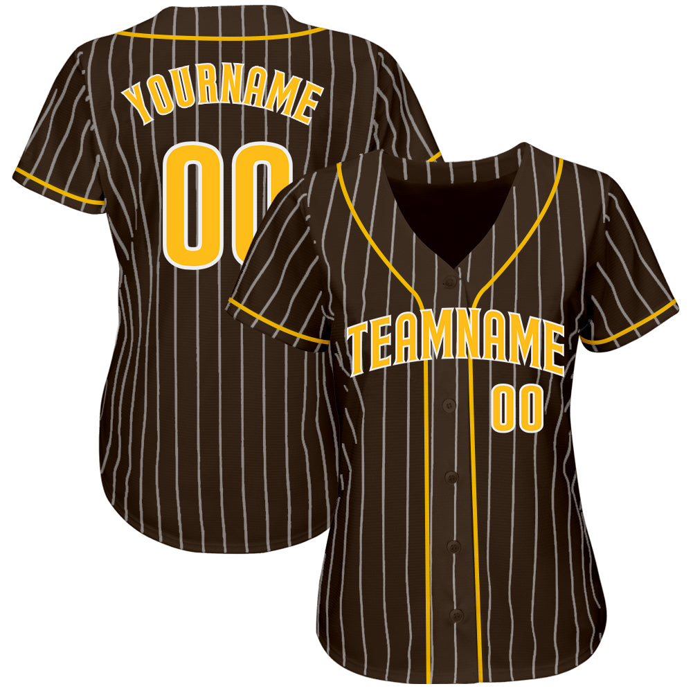 Custom Baseball Jersey - Brown White Pinstripe Gold-White