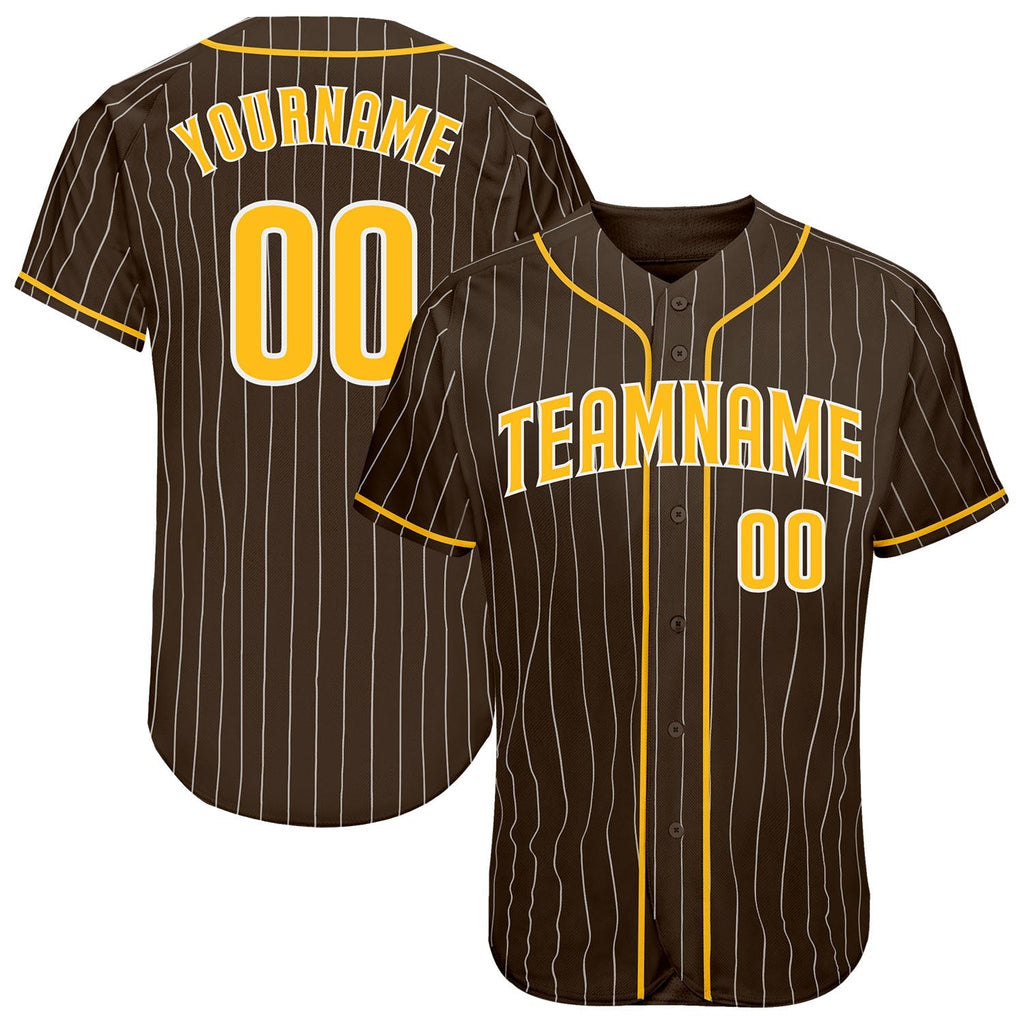 Custom Baseball Jersey - Brown White Pinstripe Gold-White