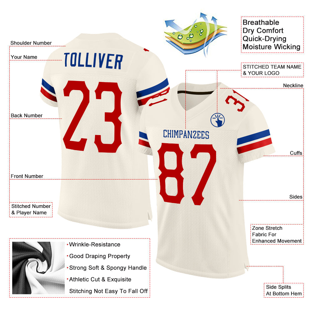 Custom Football Jersey - Cream Red-Royal Mesh