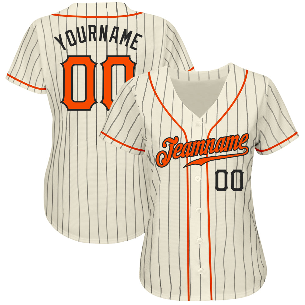 Custom Baseball Jersey - Cream Black Pinstripe Orange-Black