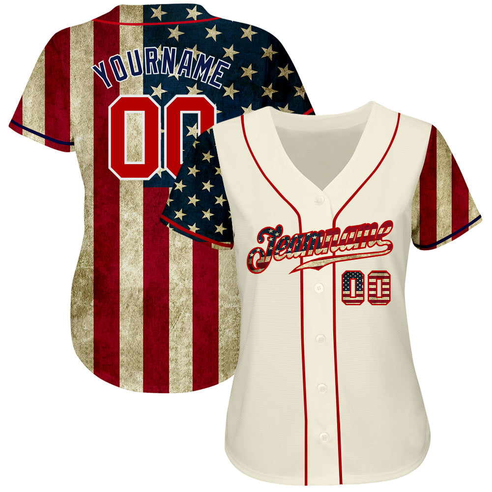 Custom Baseball Jersey - Cream Red-Navy 3D American Flag